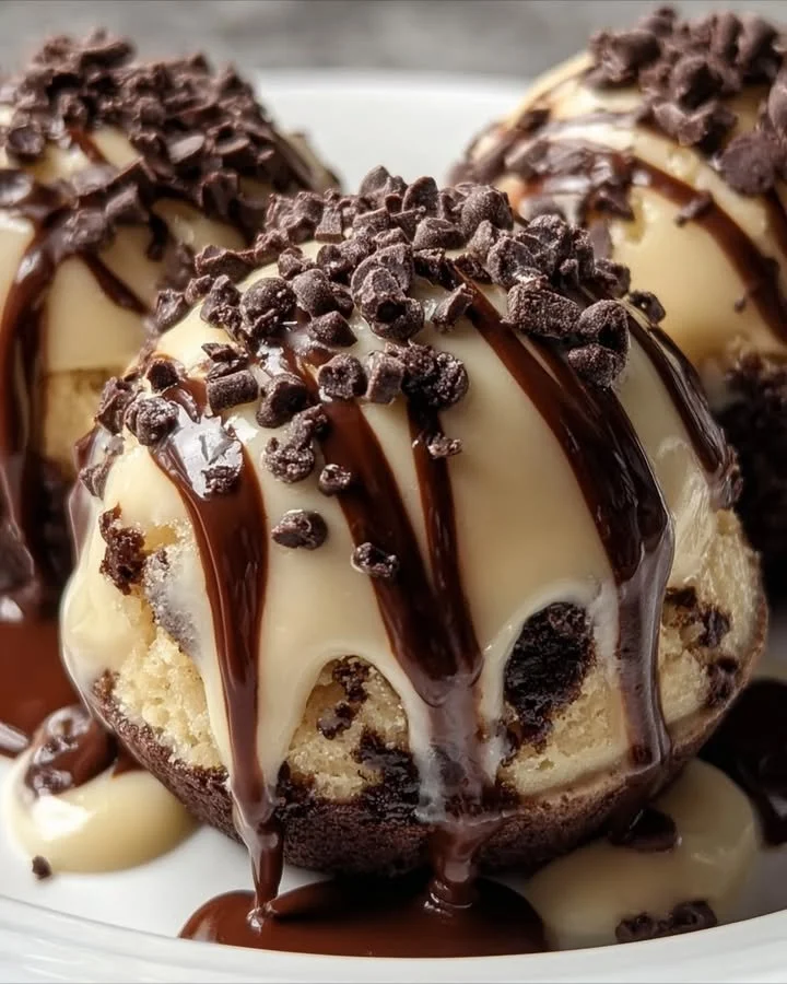 Chocolate chip cookie dough brownie bombs served on a plate