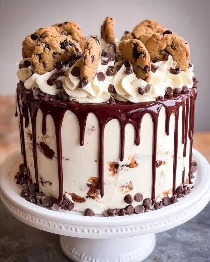 Delicious chocolate chip cookie drip cake with chocolate ganache topping