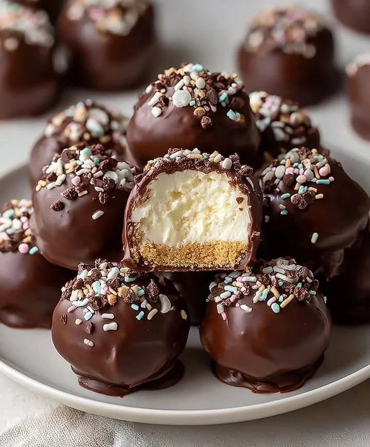 Delicious chocolate covered cheesecake balls on a plate