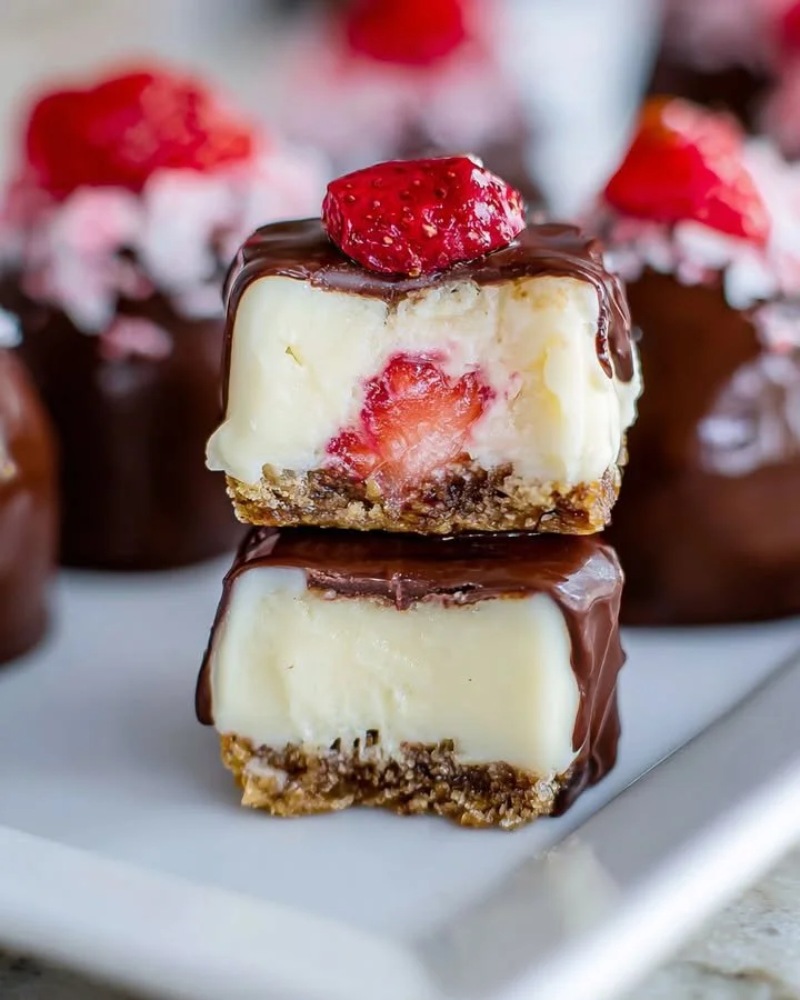 Chocolate dipped strawberry cheesecake bites arranged on a plate