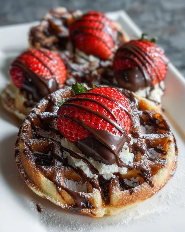 Delicious chocolate dipped strawberry waffle bites on a plate
