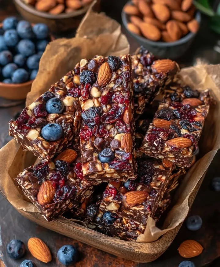 Homemade chocolate oatmeal energy bars stacked for a nutritious snack.