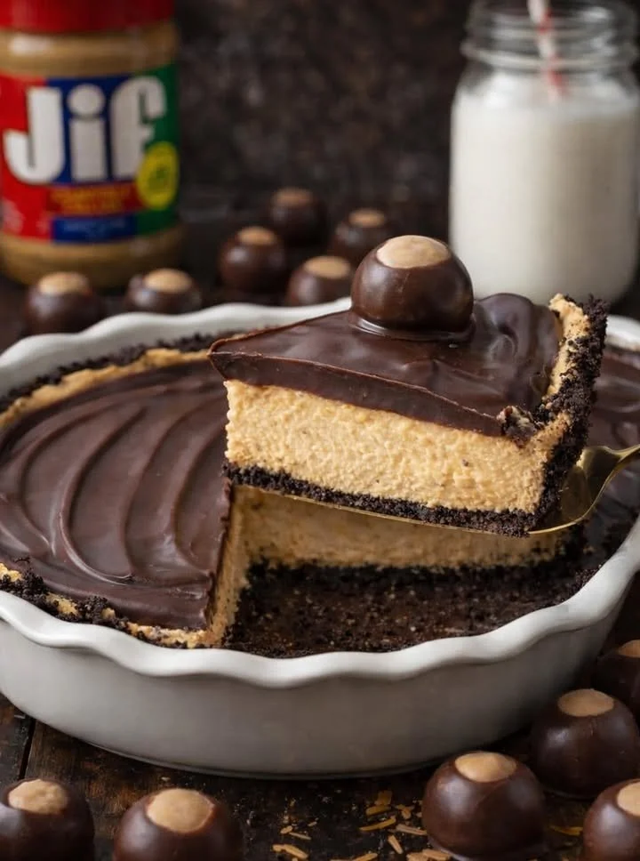Delicious Chocolate Peanut Butter Buckeye Pie served on a plate