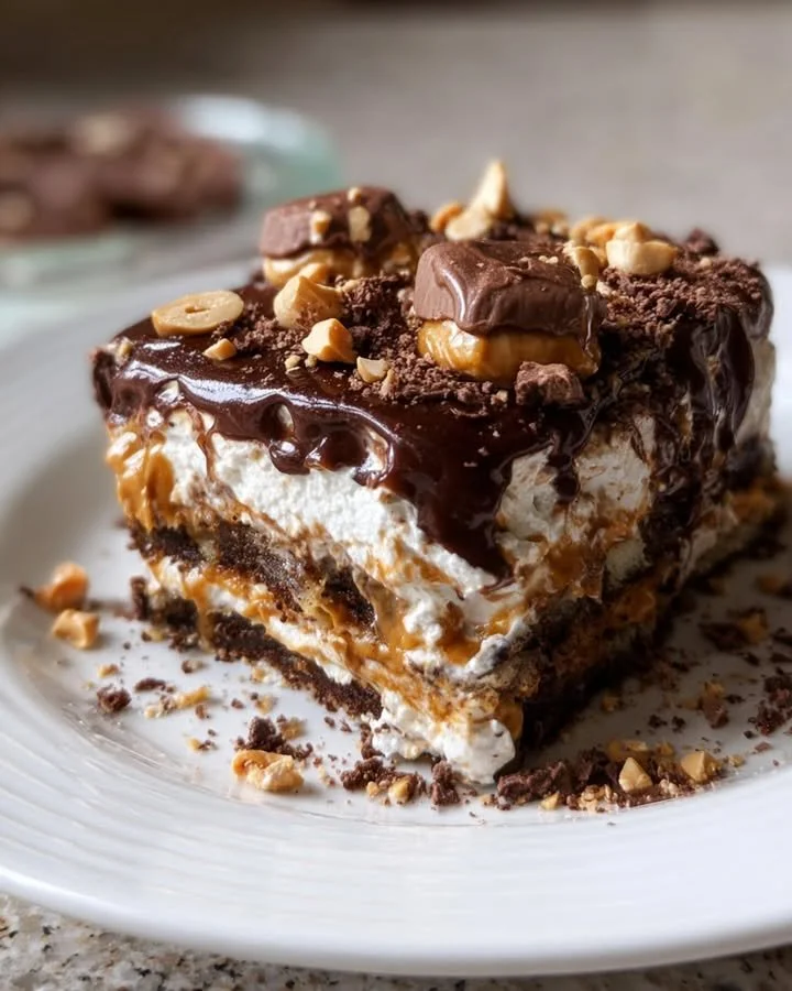 Delicious Chocolate Peanut Butter Lasagna dessert layered with chocolate and peanut butter.