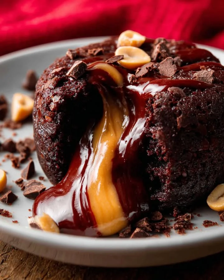 Delicious Chocolate Peanut Butter Lava cake dessert dripping with gooey filling