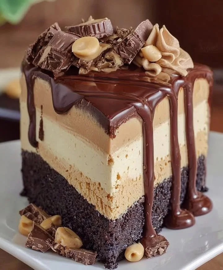 Decadent Chocolate Peanut Butter Mousse Cake topped with chocolate and peanut butter