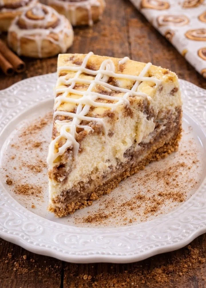 Delicious Cinnamon Roll Cheesecake with swirls and frosting on top