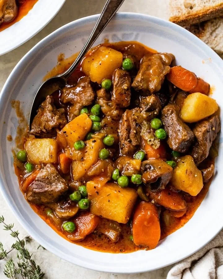 Bowl of classic beef stew with vegetables and tender meat