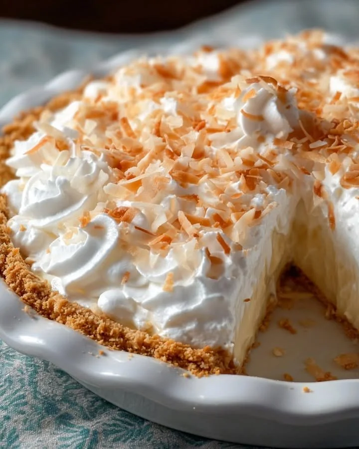 Delicious homemade Coconut Cream Pie with whipped cream and toasted coconut.