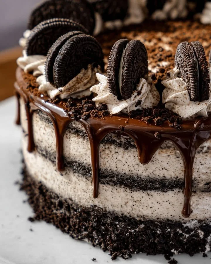 Delicious homemade Cookies and Cream Cake with chocolate layers and cream frosting