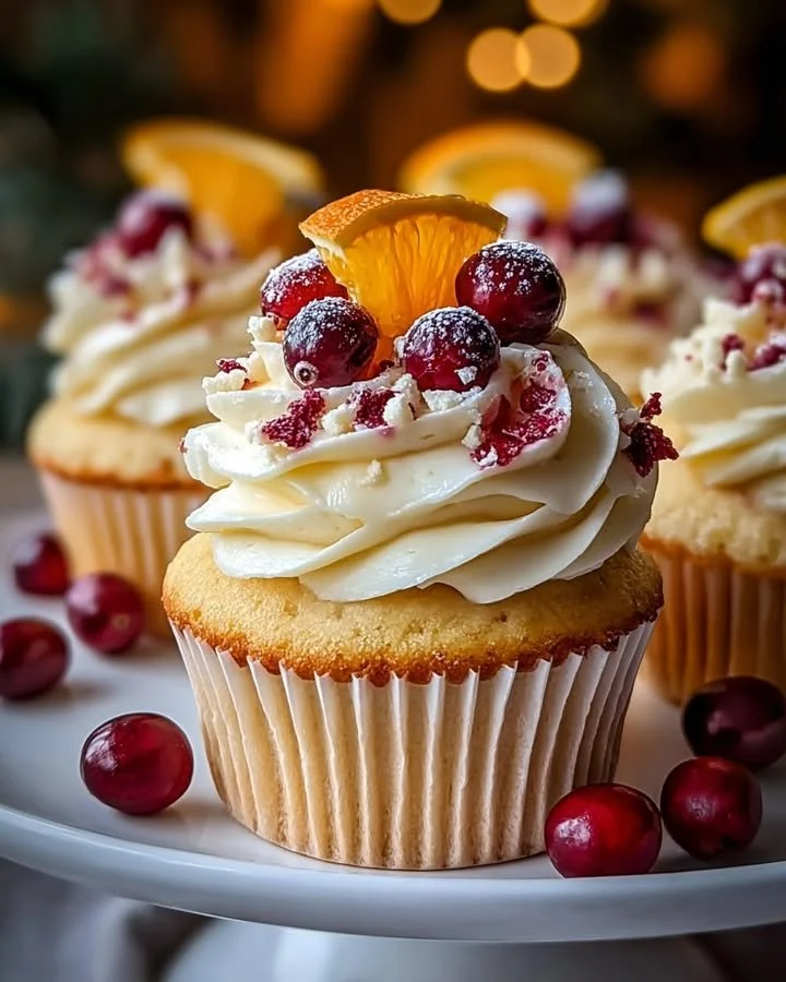 Delicious cranberry orange white chocolate cupcakes topped with creamy frosting.