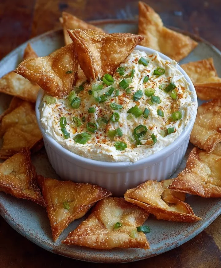 Creamy Crab Rangoon Dip served with crispy wonton chips, a perfect appetizer.