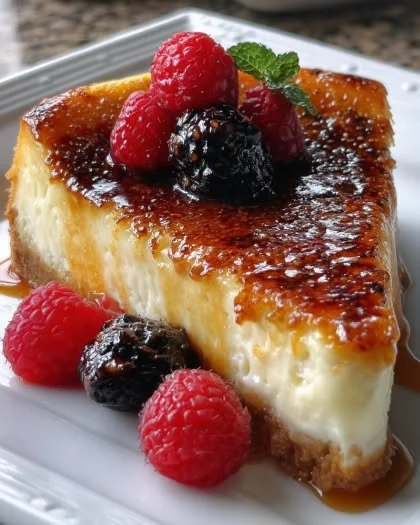 Delicious Crème Brûlée Cheesecake topped with caramelized sugar crust