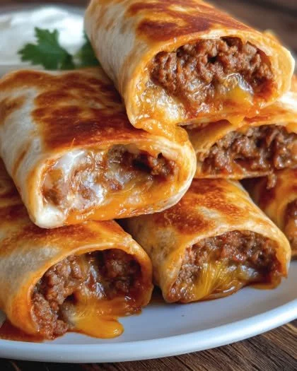 Delicious crispy beef and cheese chimichangas garnished with fresh herbs