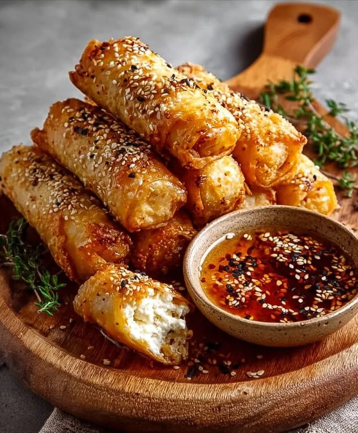 Crispy feta rolls topped with spicy honey drizzle on a white plate