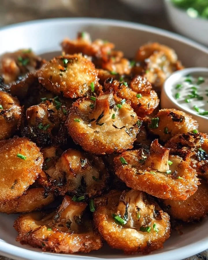 Crispy garlic mushroom bites served on a plate, perfect for appetizers