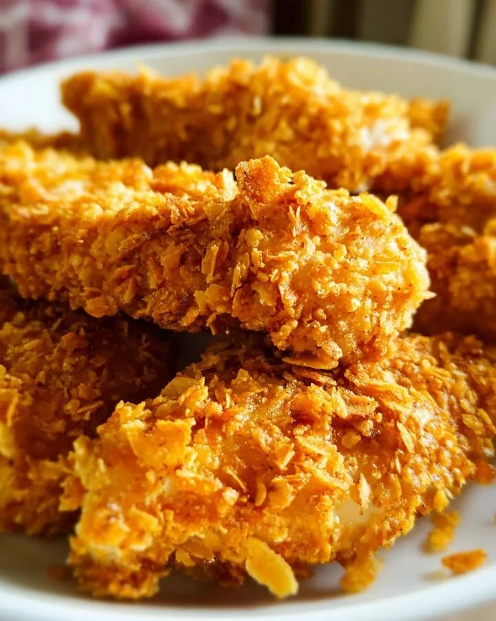 Plate of crunchy Cornflake Chicken Tenders served with dipping sauce