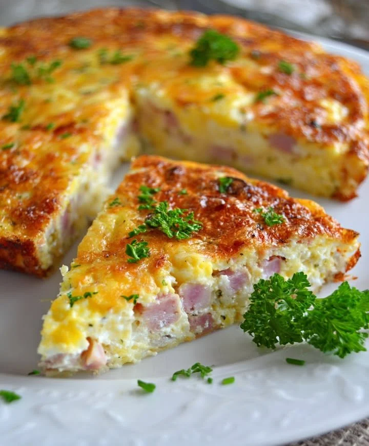 Delicious crustless quiche with ham and cheese baked to perfection