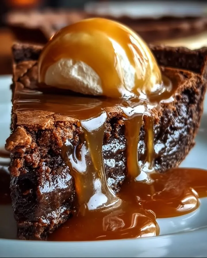 Decadent caramel brownie pie with rich chocolate layers and caramel drizzle