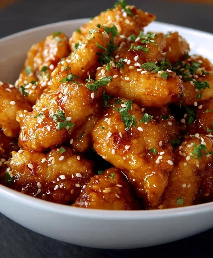 Easy 4-ingredient orange chicken served on a plate with sesame seeds and green onions