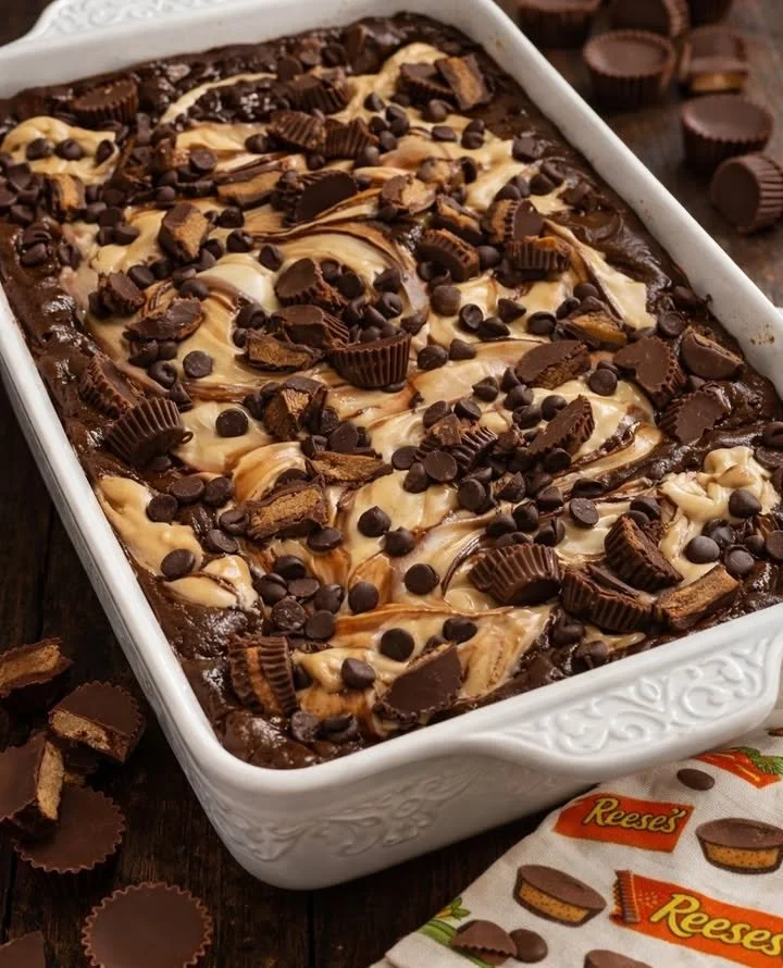 Delicious easy chocolate peanut butter earthquake cake with chocolate drizzle