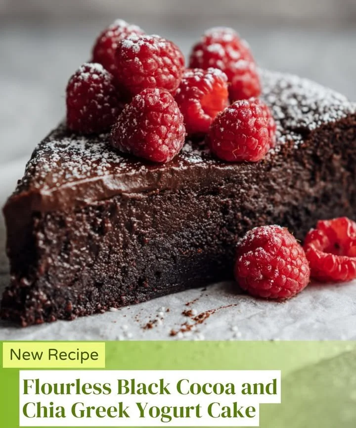 Flourless Black Cocoa Chia Greek Yogurt Cake on a rustic table