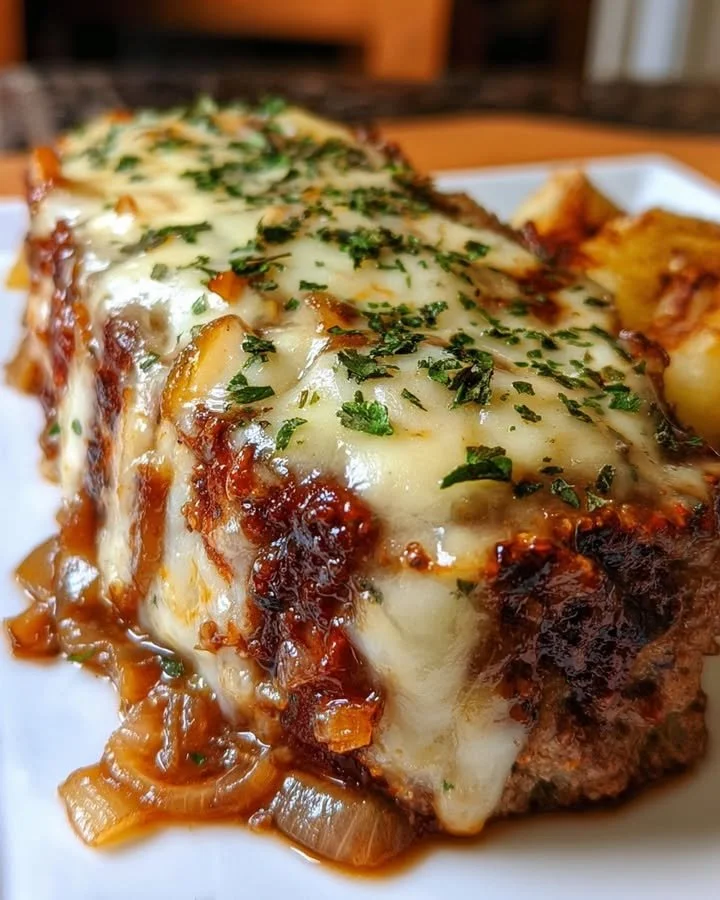 French onion meatloaf topped with melted Swiss cheese on a serving plate