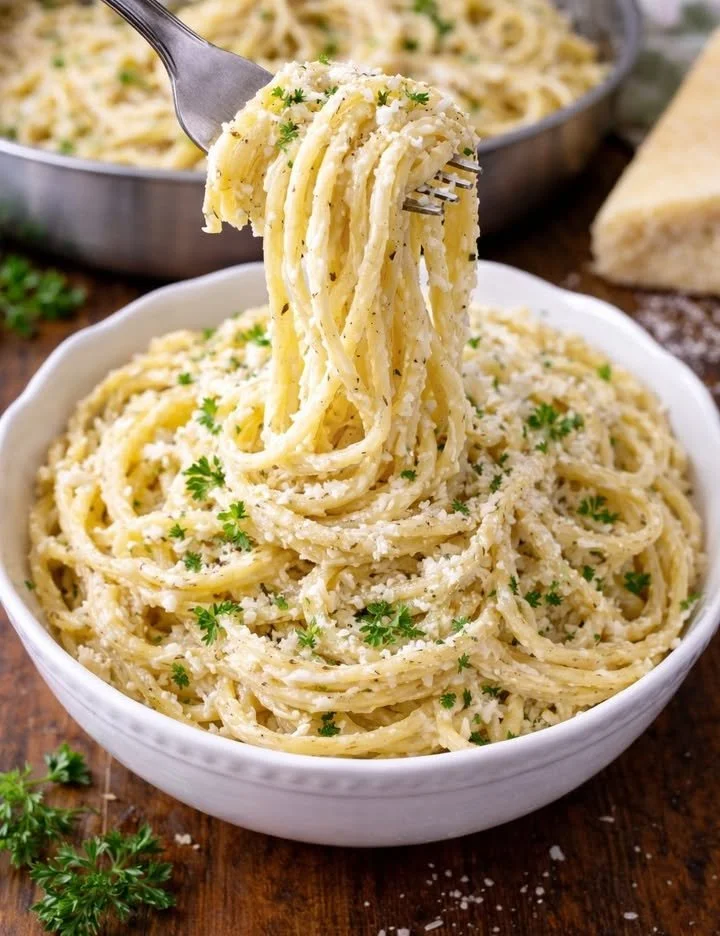 Delicious Garlic Parmesan Pasta topped with fresh herbs and cheese