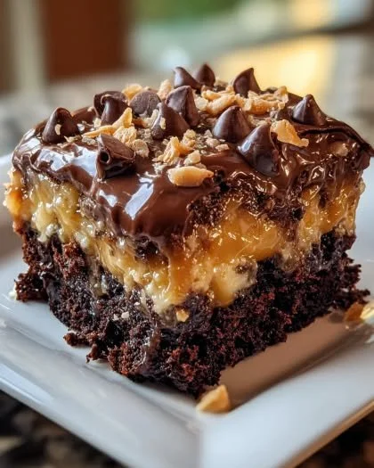 Delicious German Chocolate Poke Cake topped with coconut pecan frosting