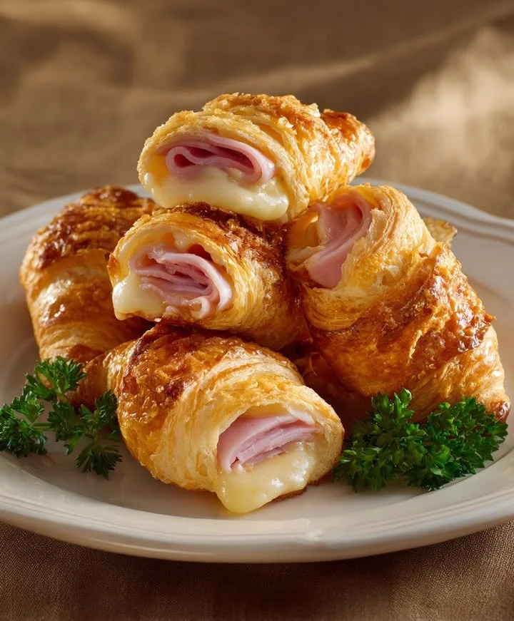 Golden croissants filled with ham and Swiss cheese, fresh and delicious.