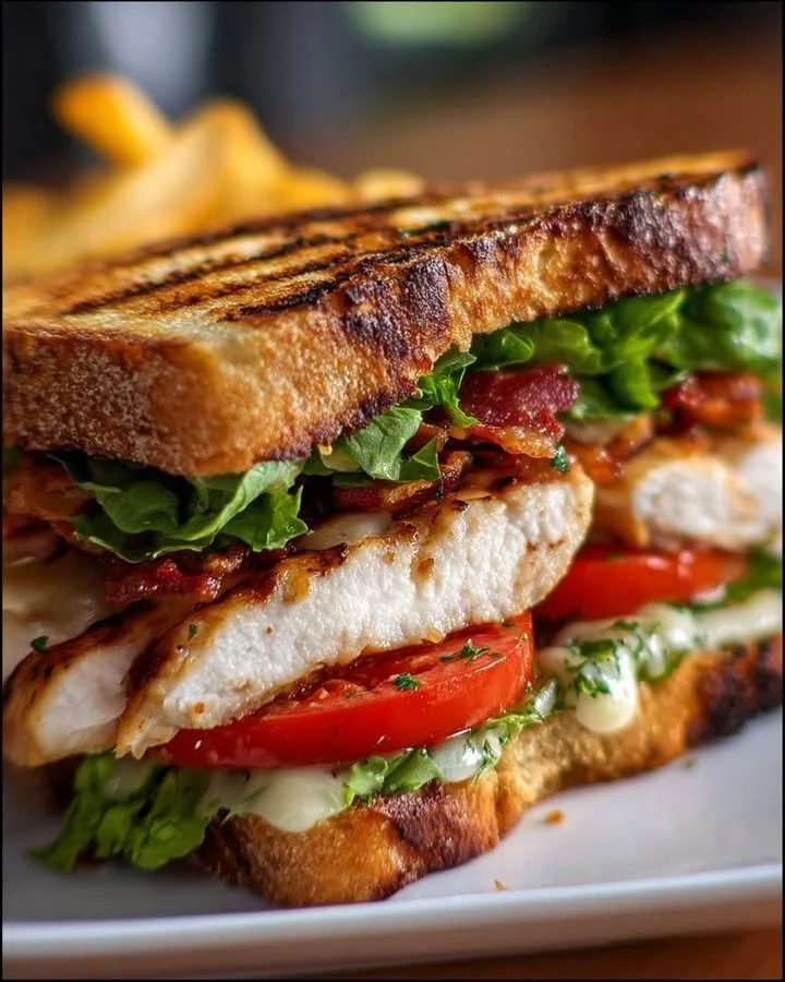 Delicious grilled chicken club sandwich with fresh ingredients and crispy bacon