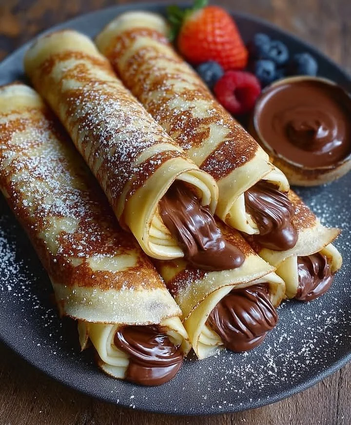 Handmade chocolate-filled rolled crepes ready to be served.