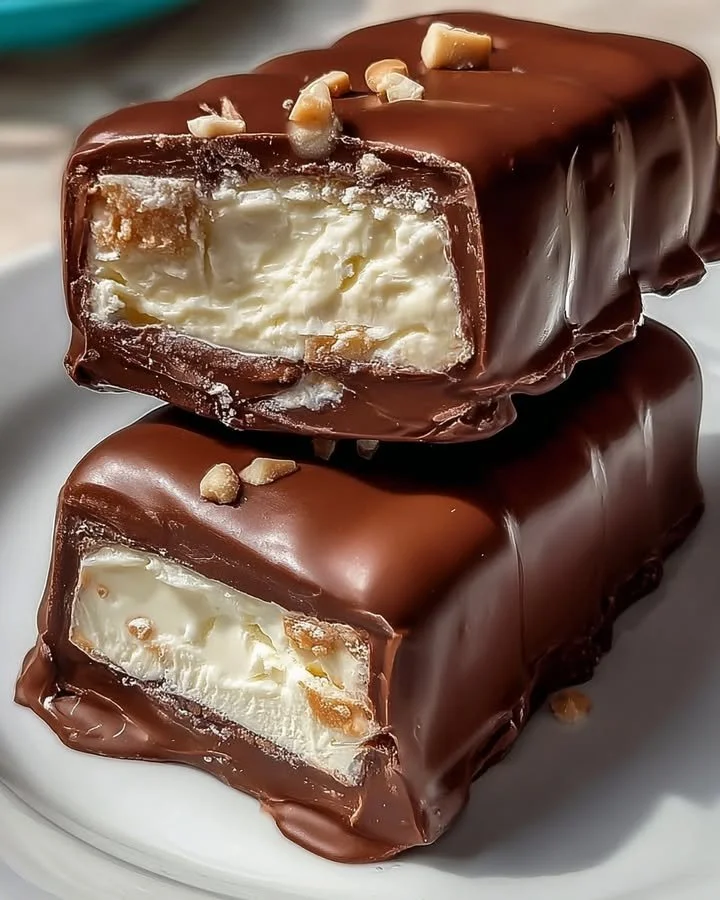 Homemade chocolate-covered ice cream bars on a plate, drizzled with chocolate.