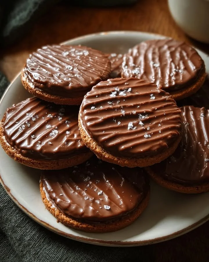 Homemade chocolate digestives on a plate with chocolate drizzles