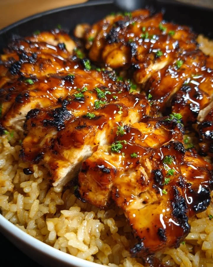 Delicious Honey BBQ Chicken Rice Skillet served in a skillet with vibrant vegetables