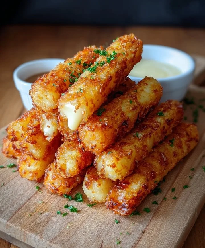 Crispy cheese and potato sticks served on a plate, ready to be enjoyed.