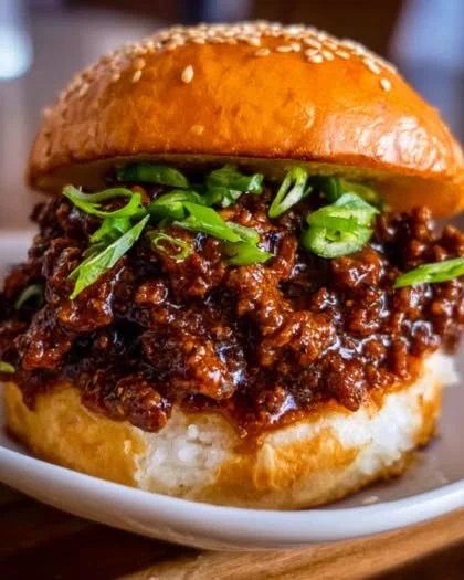 Korean Beef Sloppy Joes served in a bun with garnishes