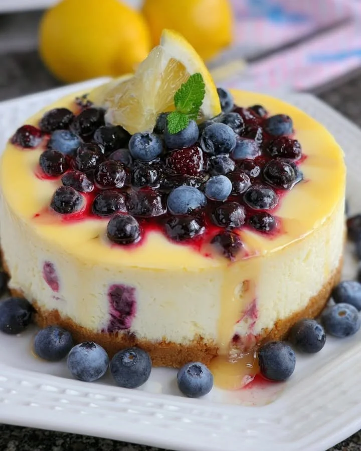 Lemon Berry Cheesecake Delight topped with fresh berries and lemon zest
