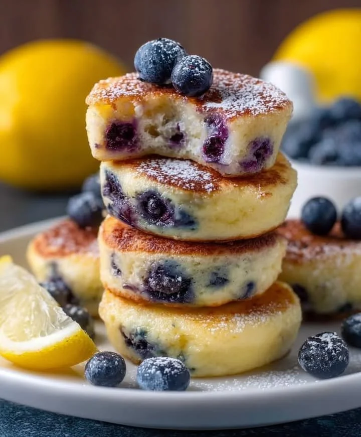 Lemon blueberry pancake bites served on a plate with fresh berries.