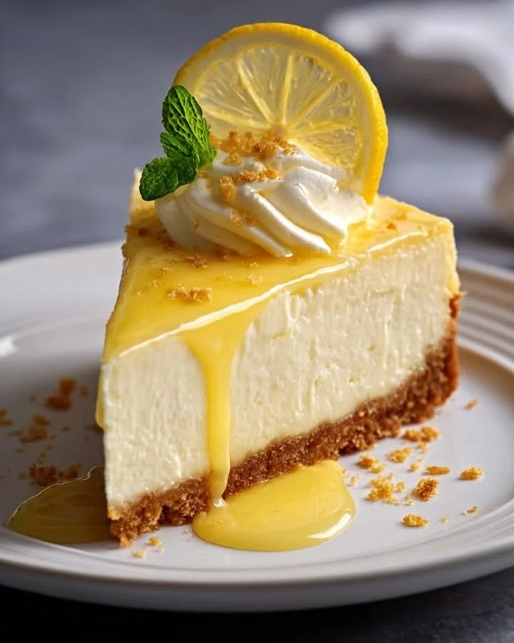 Delicious slice of lemon cheesecake with a graham cracker crust and lemon garnish.
