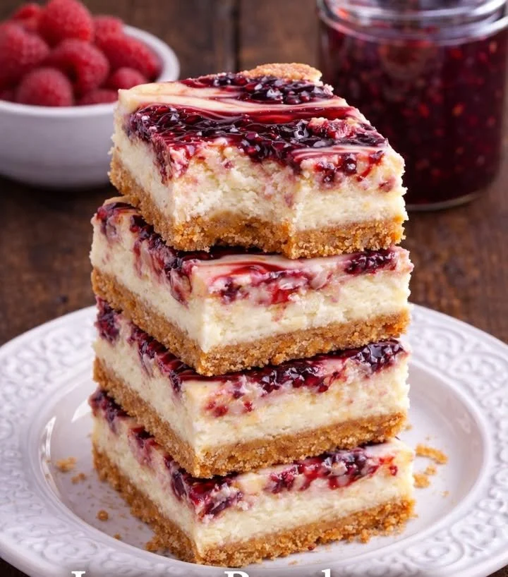 Lemon raspberry cheesecake bars with a creamy texture and vibrant toppings.