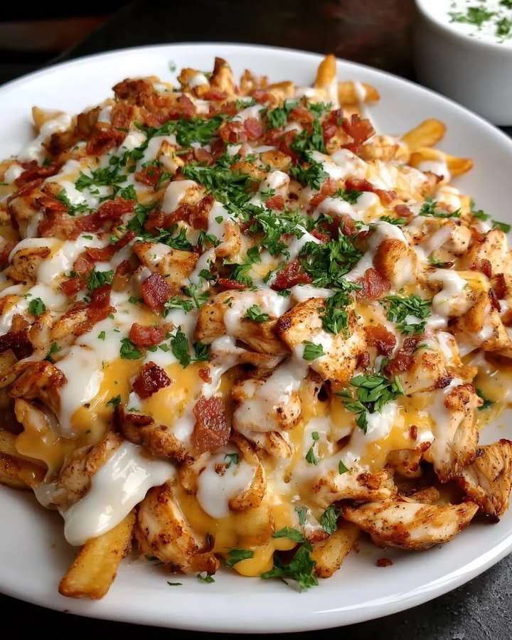 Loaded Chicken Alfredo Fries topped with creamy sauce and chicken