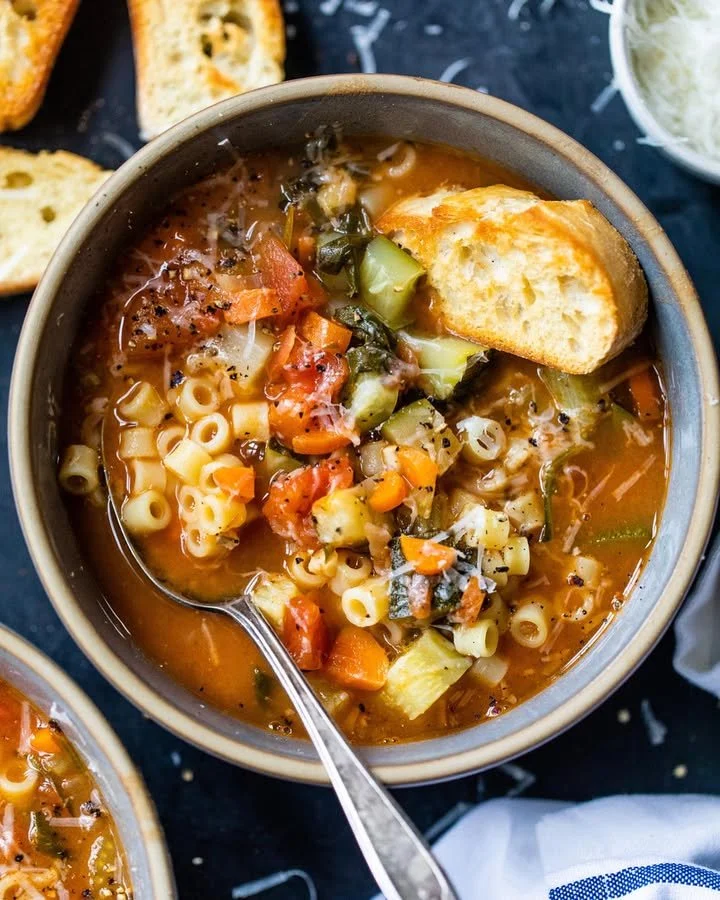 Bowl of homemade Minestrone Soup with vegetables and beans