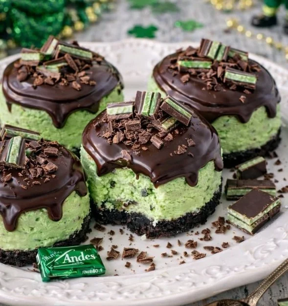 Mini Andes Mint Cheesecakes topped with mint chocolate ganache