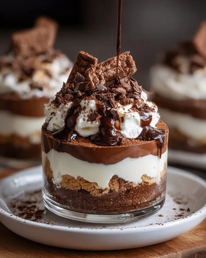 Mini Baileys Chocolate Cheesecake Trifle dessert with layers of chocolate and cheesecake.