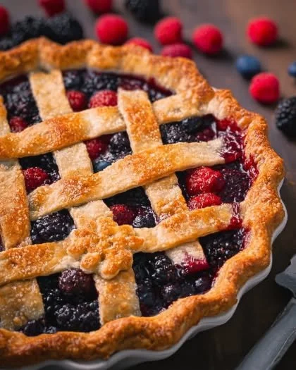 A mouthwatering mixed berry pie topped with fresh berries and golden crust.