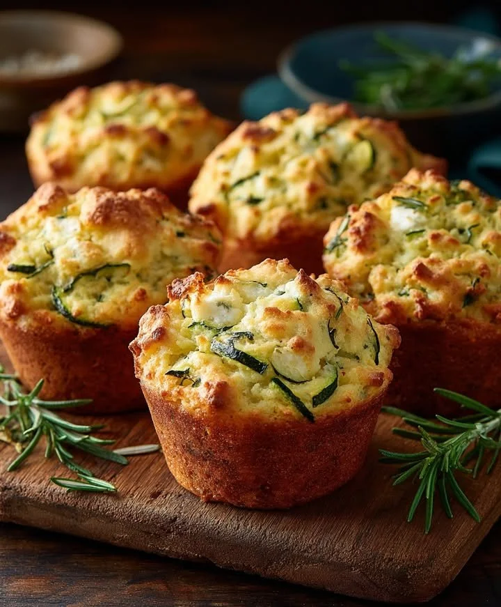 Savory zucchini muffins with feta cheese in a baking dish