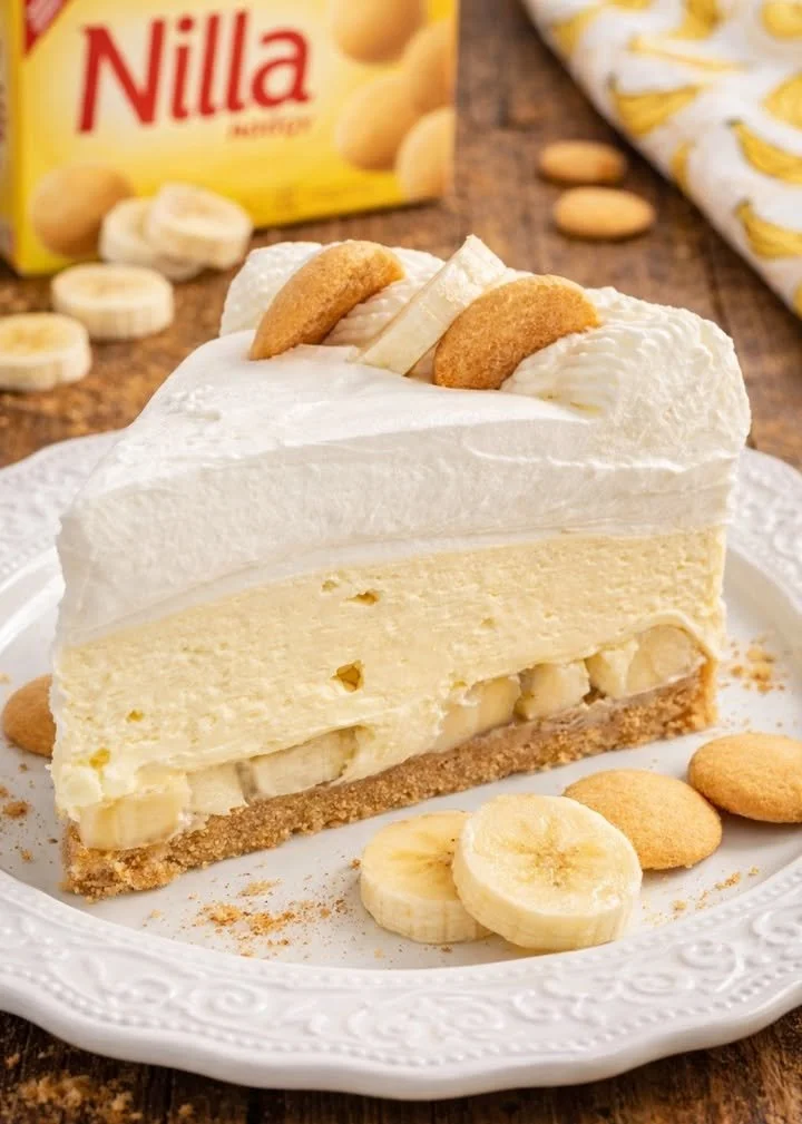 No bake banana pudding cheesecake topped with fresh bananas and whipped cream