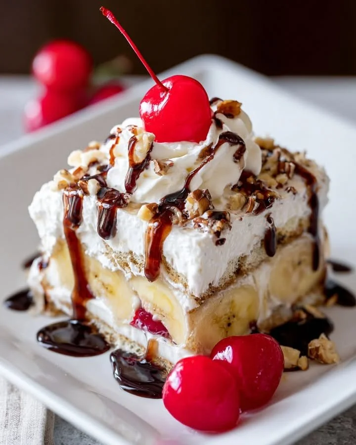 No bake banana split cake topped with whipped cream and cherries