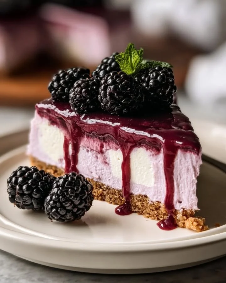 No-bake blackberry cheesecake topped with fresh blackberries on a white plate